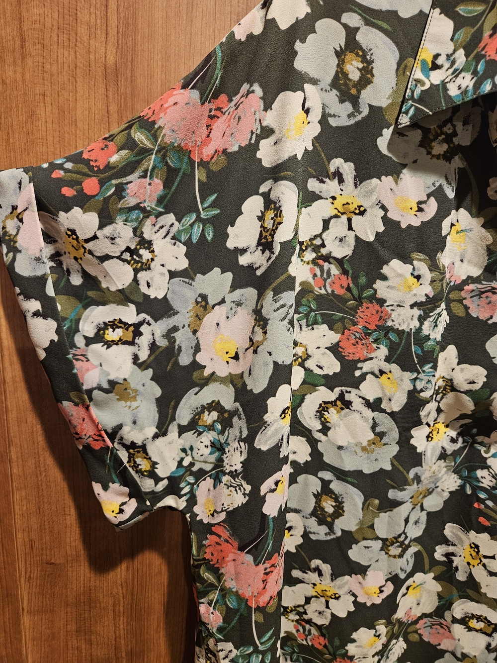 CAbi Olive Floral Short Sleeve With Coral & White Blooms. - Picture 2 of 4